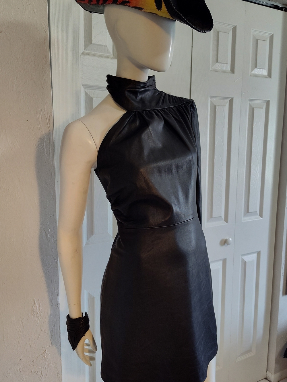 Zara Black One-Shoulder Leather Mini Dress